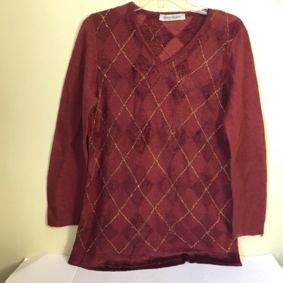 Marina Rinaldi Argyle Metallic Textured Mohair Wool Blend Crew Soft Sweater Top - Picture 2 of 16
